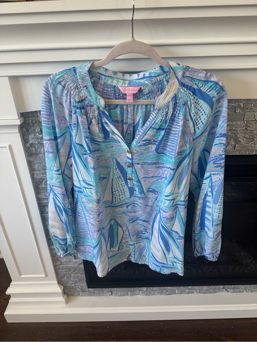 Lilly Pulitzer Elsa Silk Blouse Aboat time V-neck light blue white pink